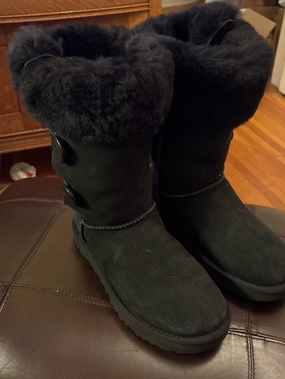 UGG Black Suede Shearling Button Mid-Calf Boots